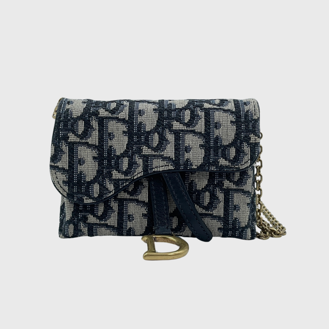 Christian Dior Saddle Chain Wallet Mini canvas Blue GHW – Perrine