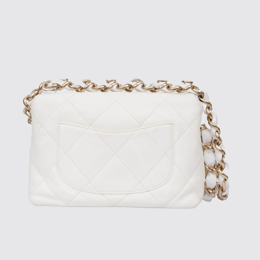 Chanel CC Flap Bag with Logo on Chain Medium Lambskin White GHW