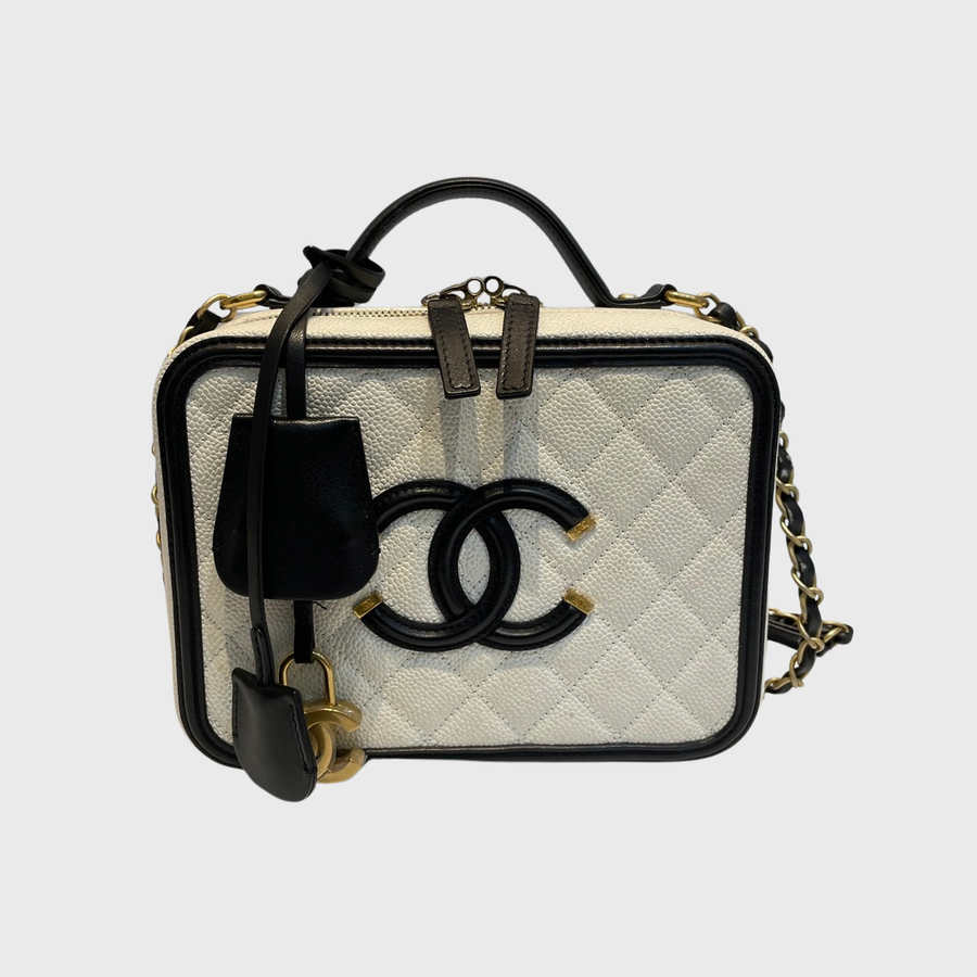 Chanel CC Filigree Vanity Case Caviar Black White GHW