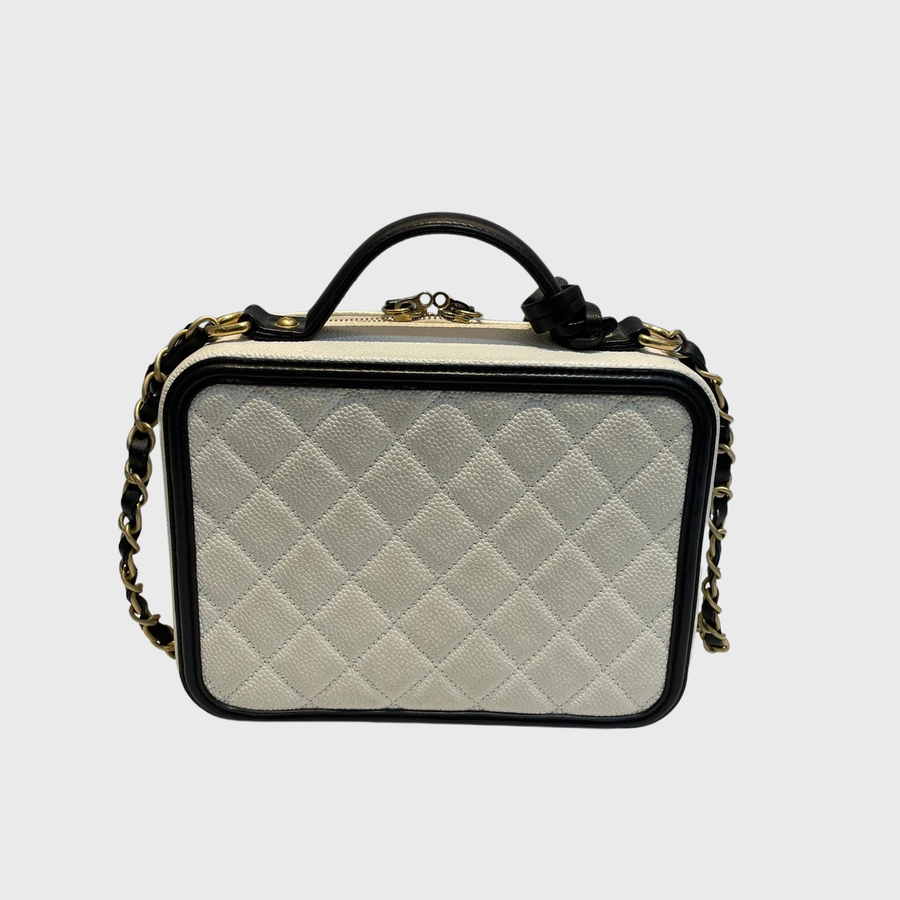 Chanel CC Filigree Vanity Case Caviar Black White GHW