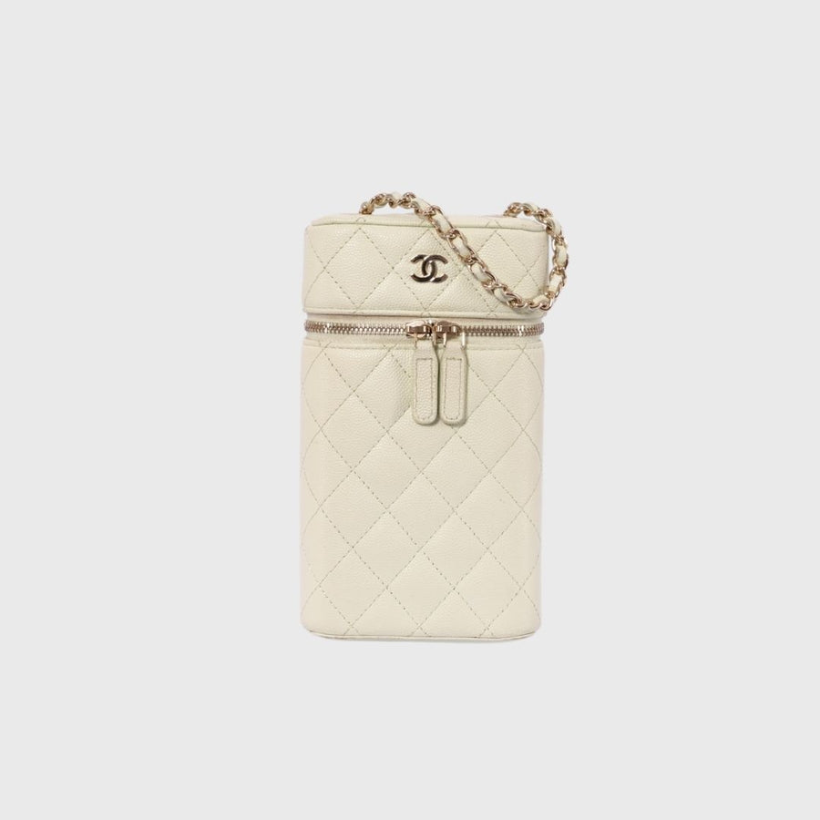 Chanel Vanity Phone Holder with Chain Small Caviar Light Mint Green GHW