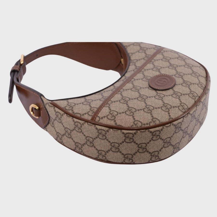 Gucci GG Half Moon Bag Canvas Beige & Brown Ebony GHW