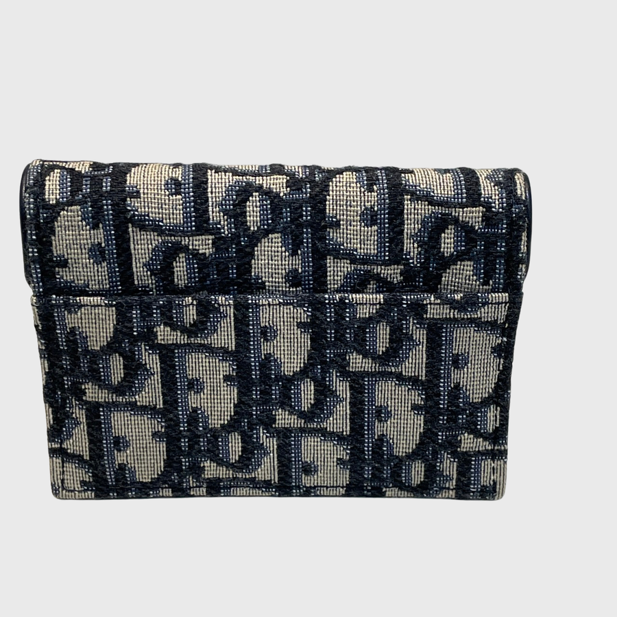Christian Dior Saddle Bloom Card Holder Canvas Calfskin Blue Christian Dior Saddle Bloom Card Holder Canvas Calfskin Blue