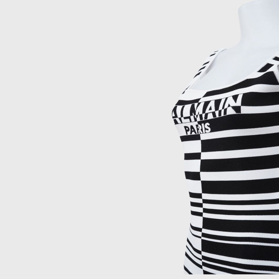 Balmain Striped Jacquard Logo Bodysuit Polymide Black & White