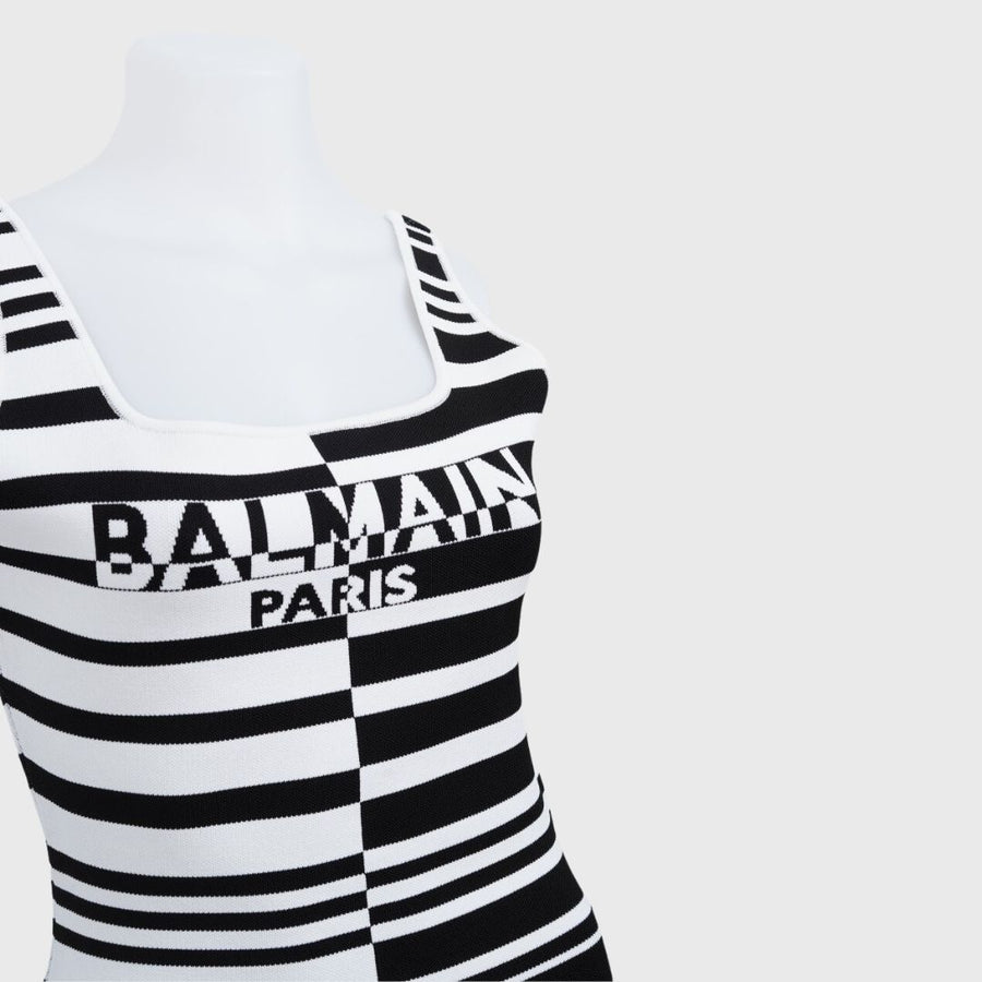 Balmain Striped Jacquard Logo Bodysuit Polymide Black & White