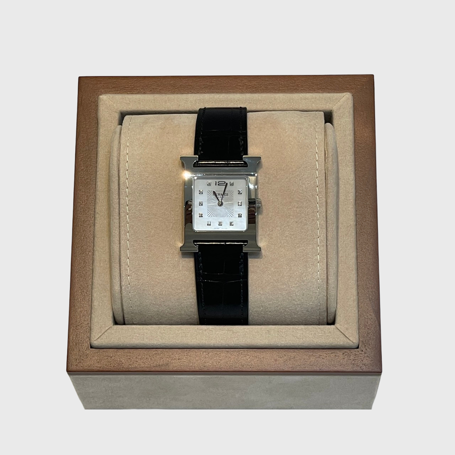 Hermes Heure H Watch Croc Embrossed Noir SHW