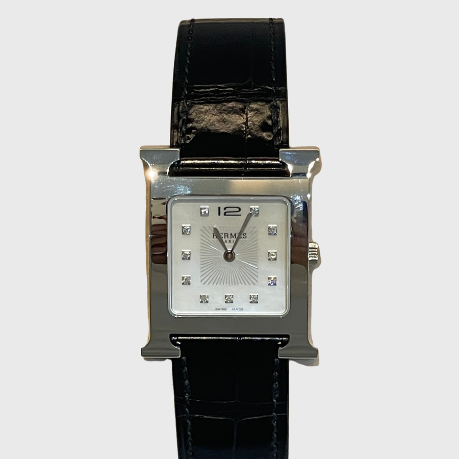 Hermes Heure H Watch Croc Embrossed Noir SHW