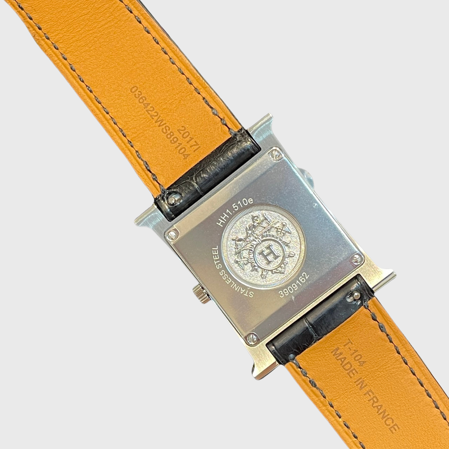 Hermes Heure H Watch Croc Embrossed Noir SHW