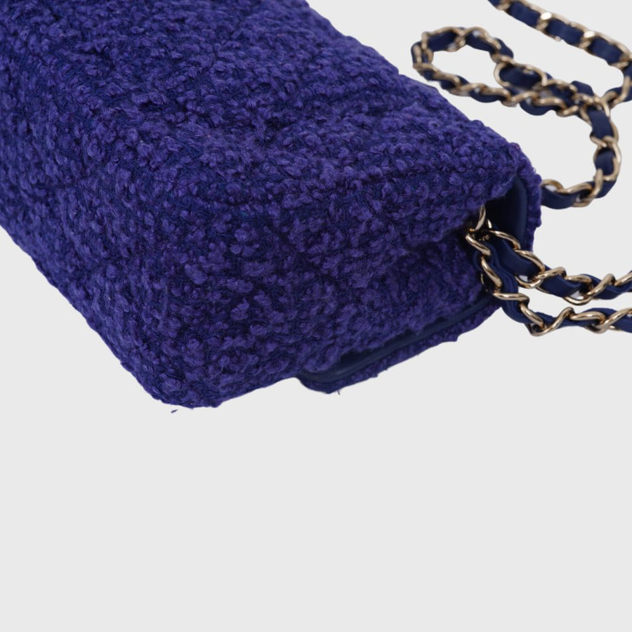 Chanel Tweed Quilted Mini Rectangular Flap bag Tweed Blue GHW Microship