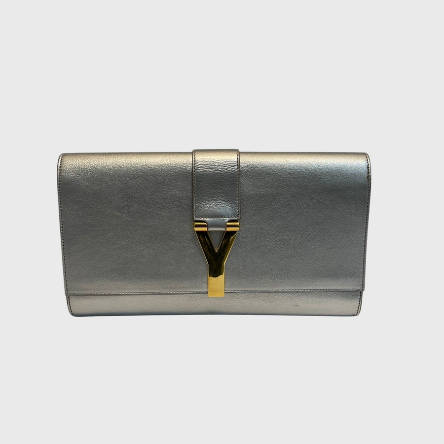 Saint Laurent Y-Ligne Clutch Calfskin Silver GHW