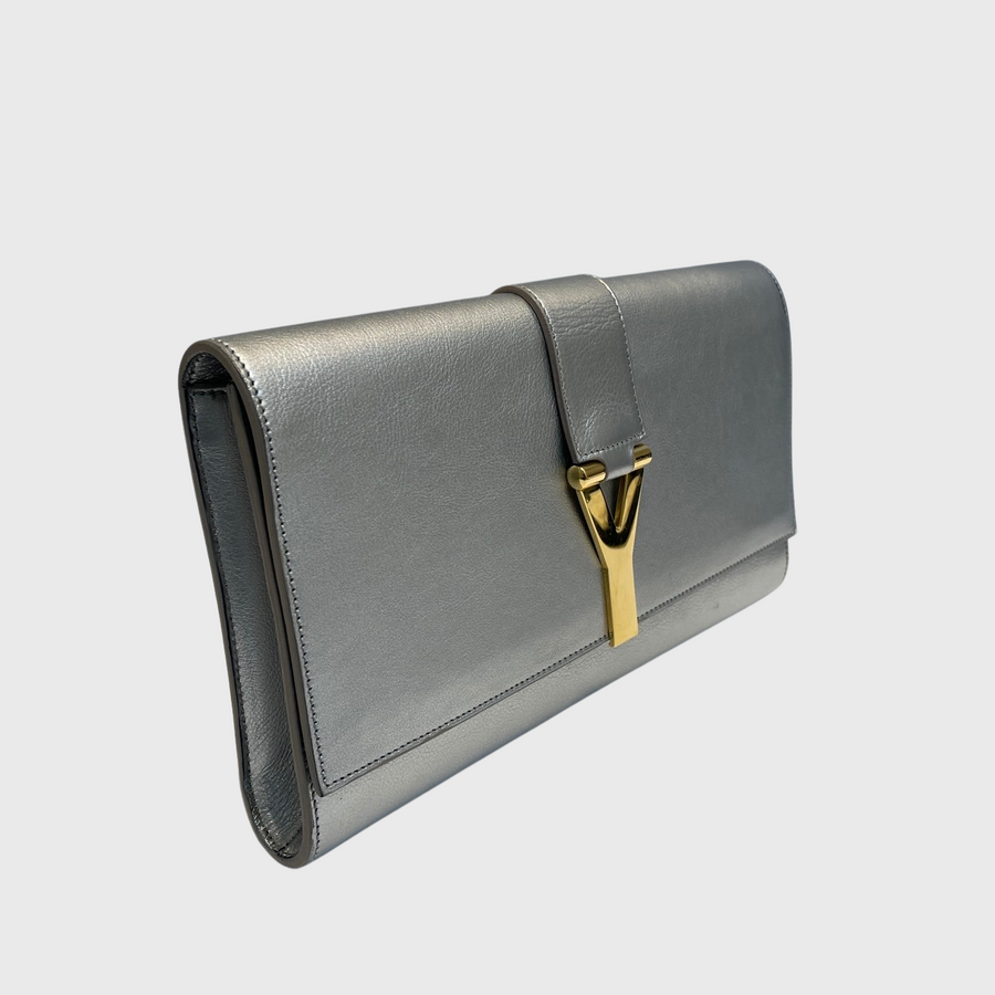 Saint Laurent Y-Ligne Clutch Calfskin Silver GHW