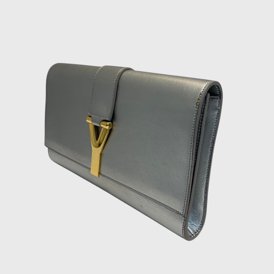 Saint Laurent Y-Ligne Clutch Calfskin Silver GHW