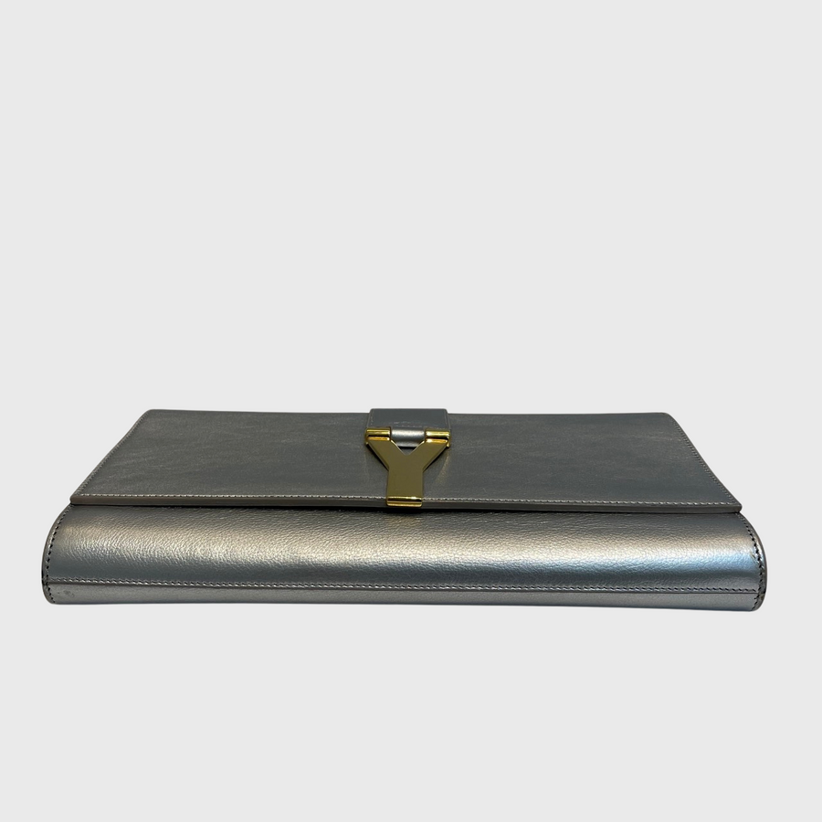 Saint Laurent Y-Ligne Clutch Calfskin Silver GHW