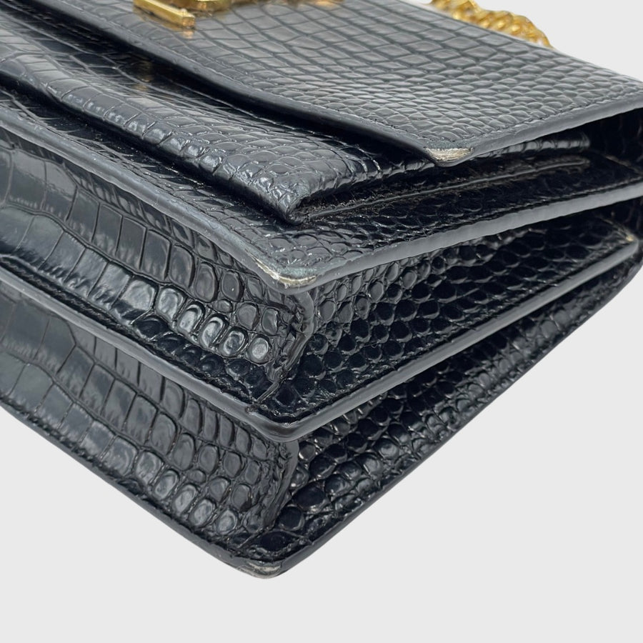 Saint Laurent Sunset Bag Medium Croc Embrossed Black GHW – Perrine
