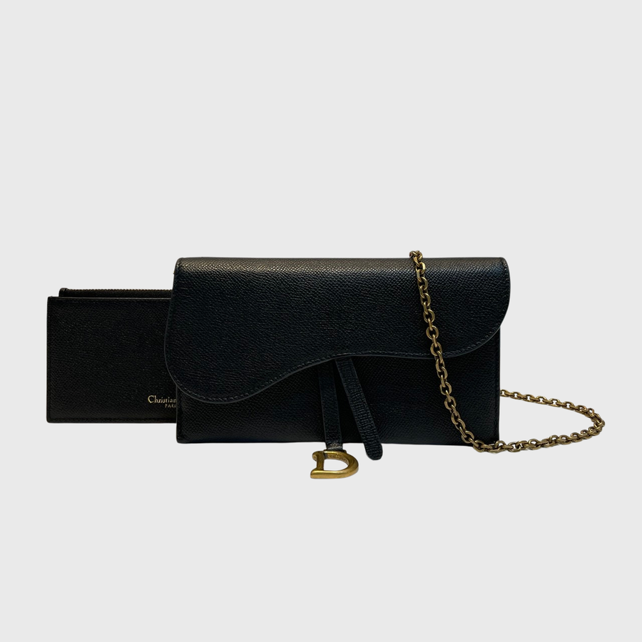 Christian Dior Saddle Pouch with Chain Calfskin Black GHW