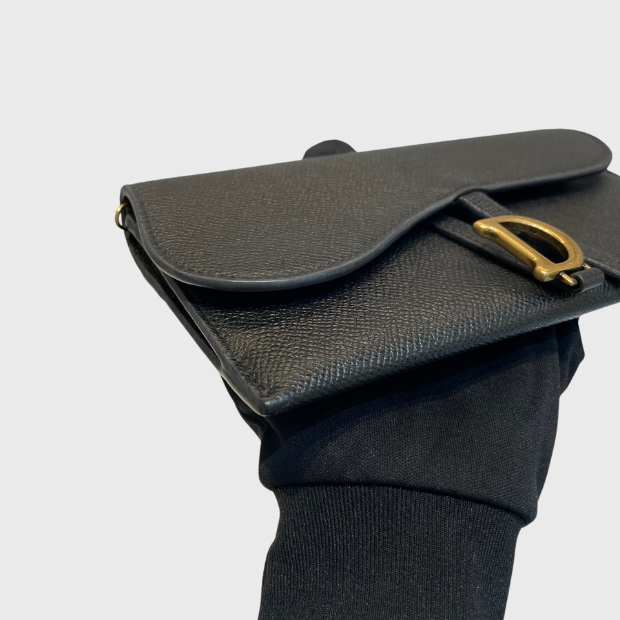 Christian Dior Saddle Pouch with Chain Calfskin Black GHW