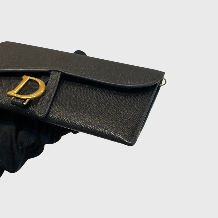 Christian Dior Saddle Pouch with Chain Calfskin Black GHW