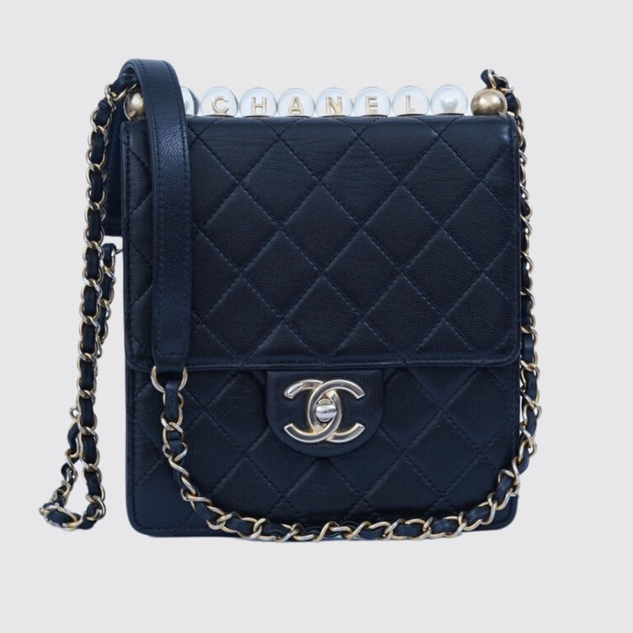 Chanel CC Flap Bag Quilted Acrylic Beads Goatskin Black GHW