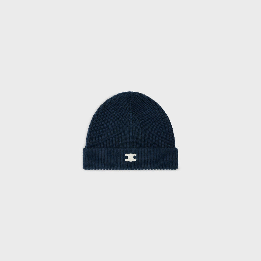 Celine Triomphe Embroidered Beanie in Seamless Cashmere Navy