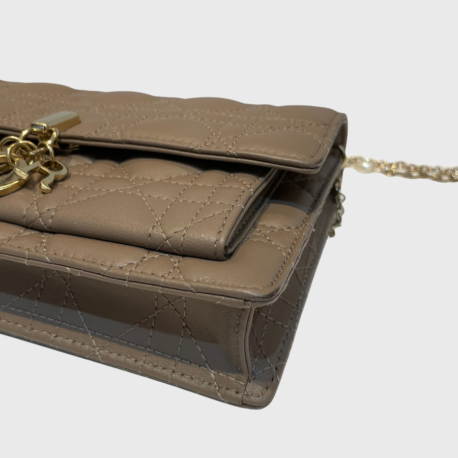 Christian Dior Daily Pouch With Chain Lambskin Beige White GHW