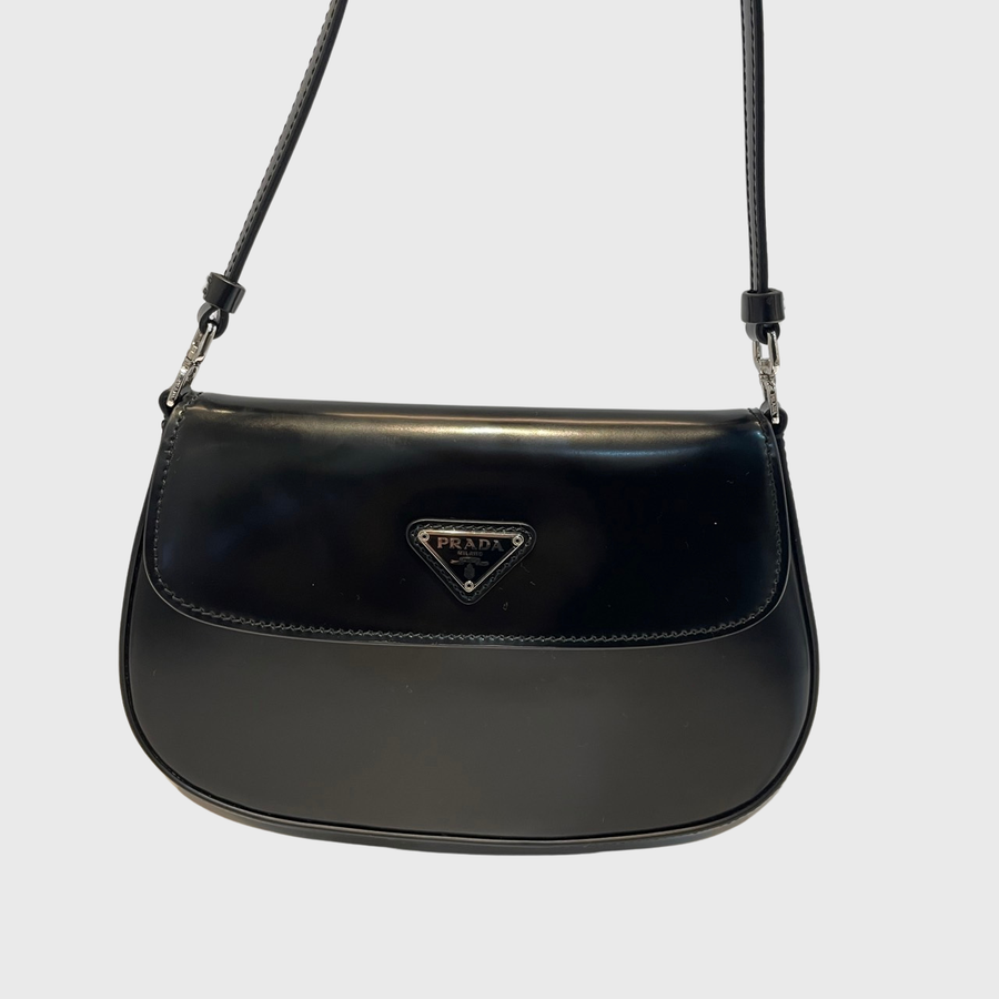 Prada Cleo Brushed Leather Shoulder Bag Calfskin Black SHW