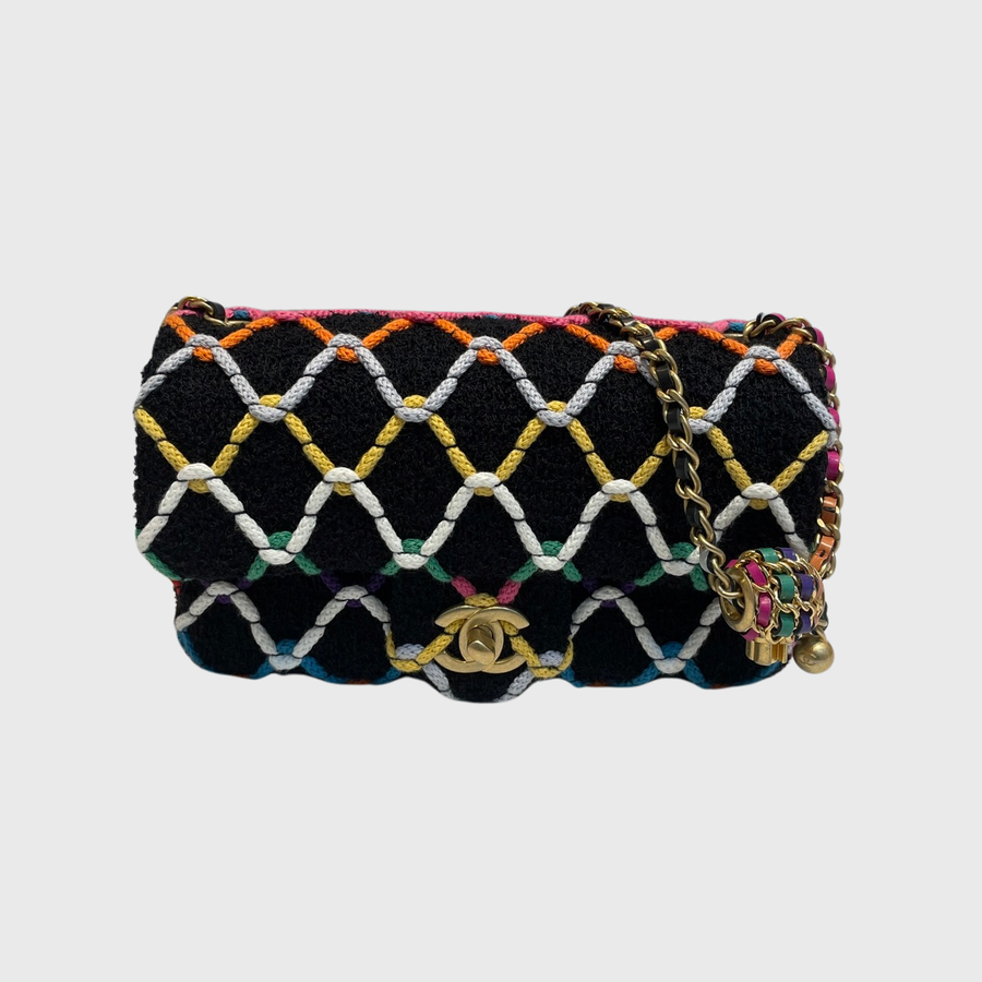 Chanel Tweed Diamond Threaded Mini Rectangular Pearl Crush Flap Tweed Multicolor GHW