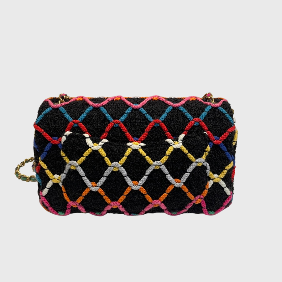 Chanel Tweed Diamond Threaded Mini Rectangular Pearl Crush Flap Tweed Multicolor GHW