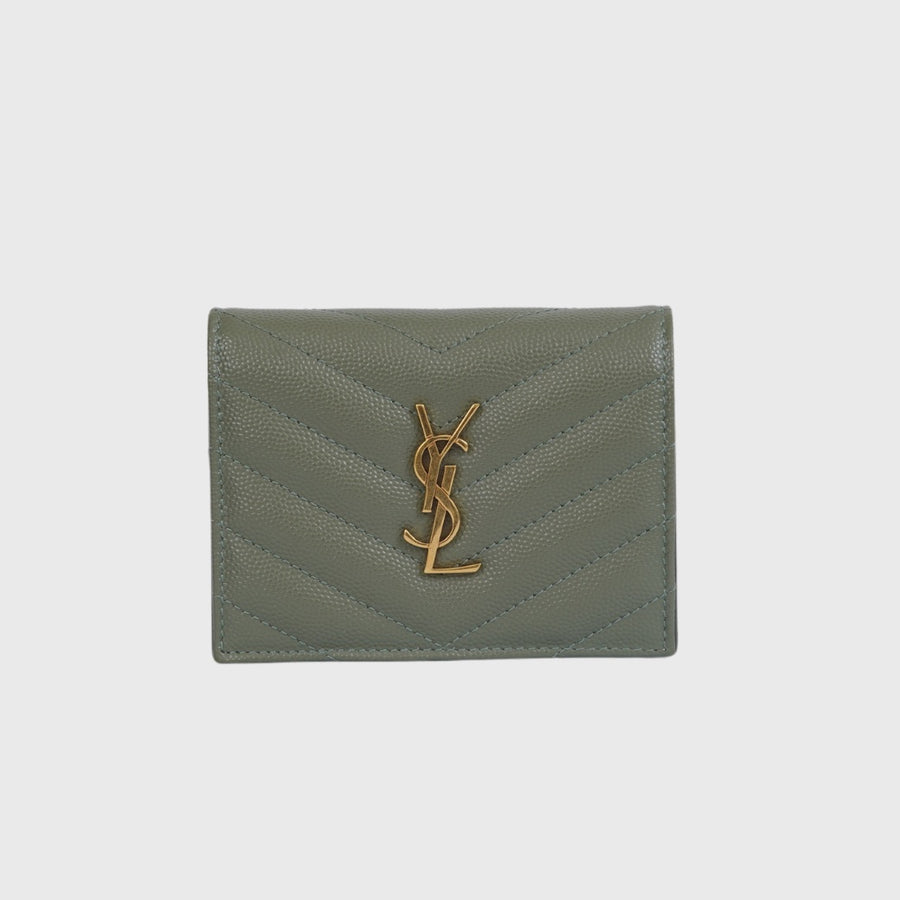 Saint Laurent Flap Card Case in Grain Small Calfskin Green GHW