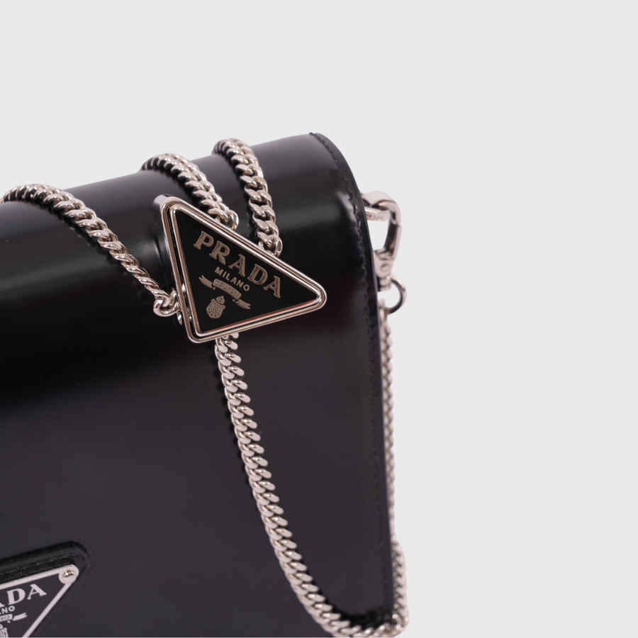 Prada Triangle Logo Chain Shoulder Bag Small Shinny Leather Black SHW