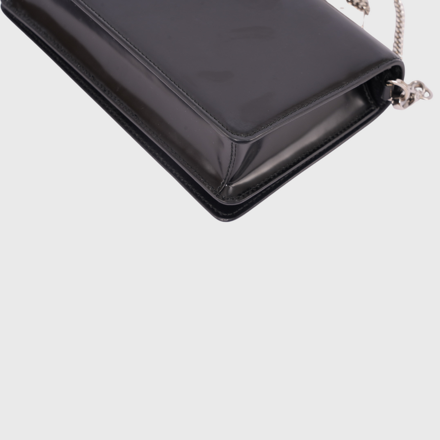 Prada Triangle Logo Chain Shoulder Bag Small Shinny Leather Black SHW