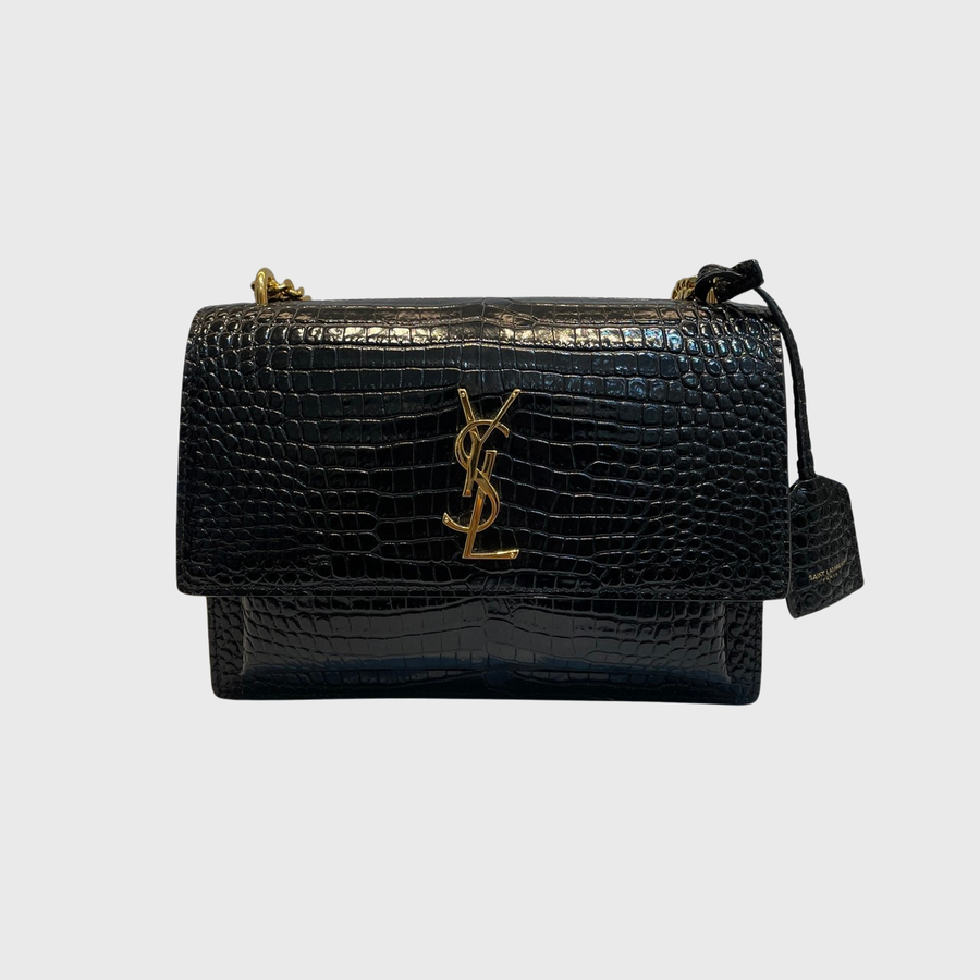 Saint Laurent Sunset Croc Embossed Leather Bag Croc Embrossed Black GHW