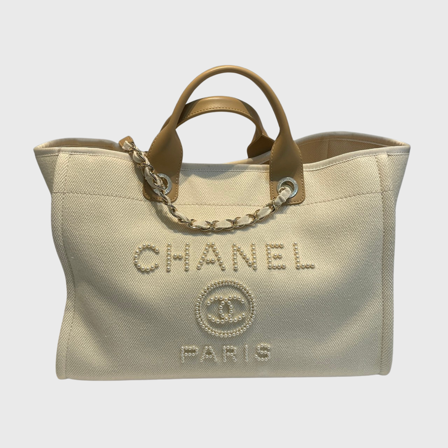 Chanel Deauville Tote Bag Canvas Beige LGHW