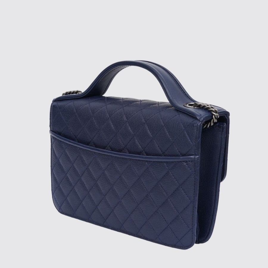 Chanel CC Classic Flap Top Handle Small Calfskin Navy Blue RHW