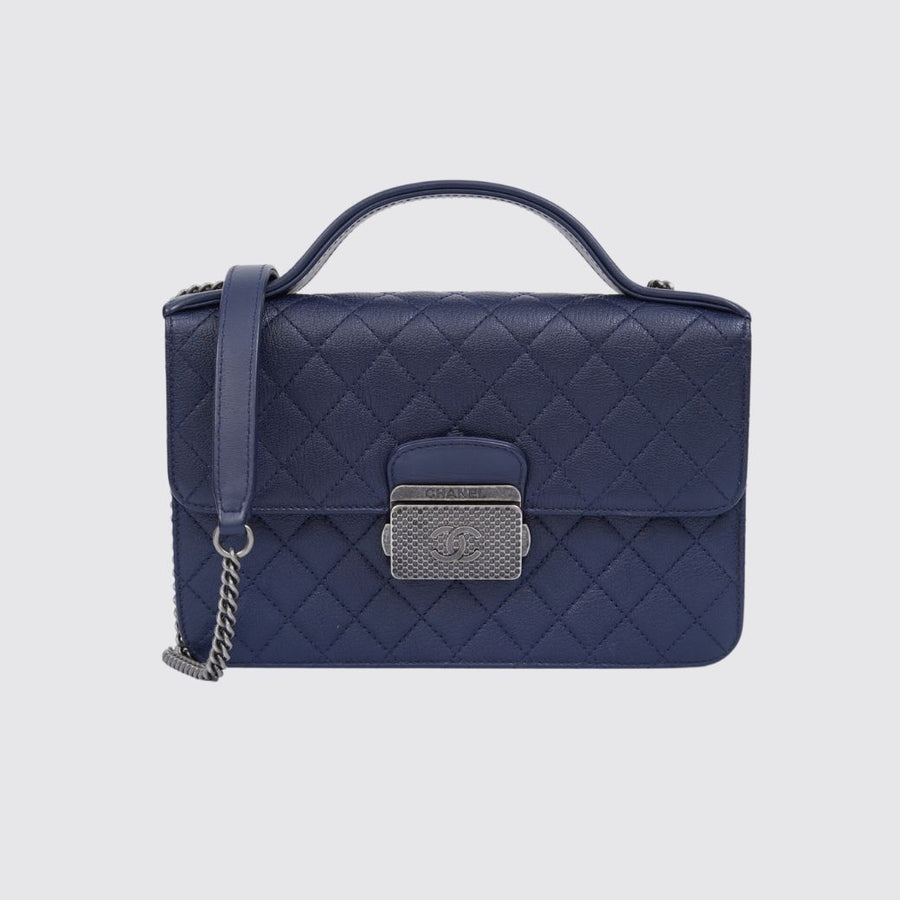 Chanel CC Classic Flap Top Handle Small Calfskin Navy Blue RHW