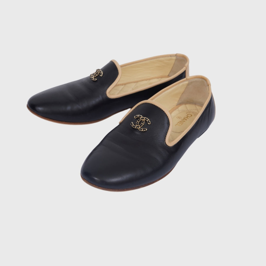 Chanel CC Ballet Flat Shoes Calfskin Black & Cream