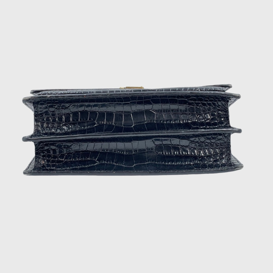 Saint Laurent Sunset Bag Medium Croc Embrossed Black GHW